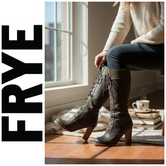 Frye Villager Lace Up Heeled Boots Women's Sz 6.5 Knee High Oiled Brown Leather - Picture 1 of 12